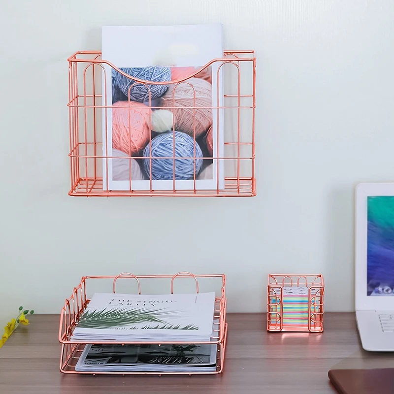 

Wire Metal 4 in 1 Desk Organizer Set- Stick Note Holder, Hanging File Organizer and 2 Letter Trays