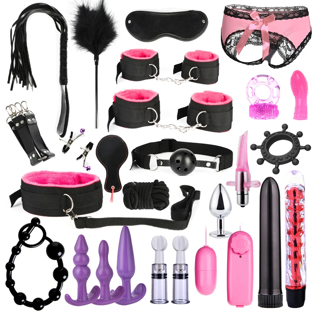 BDSM Kits Adults Sex Toys For Women Men Handcuffs Nipple Clamps Whip Spanking Sex Metal Anal Plug Vibrator Butt Bdsm Bondage Set