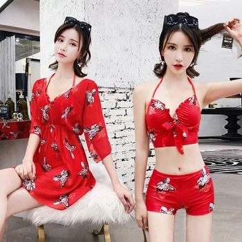 

2019 halter bikini set swimwear women swimsuit three piece bathing suit thin floral print chiffon blouse lace-up mayo tankini