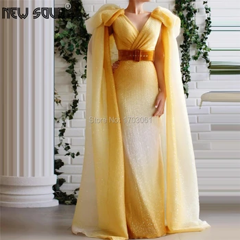 

Yellow Mermaid Dubai Evening Dress Vestidos Middle East Party Gown Aibye 2020 African Prom Dress With Belt Robe De Soiree Kaftan