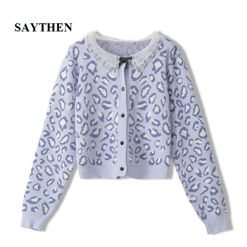 

Saythen 2020 Autumn Winter Leopard Sweater Women cardigan High Quality sweet pink lace stitching doll collar Knitted Sweater Coa