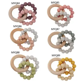 

Baby Teether Baby Gym Rattle Toy Natural Wood & BPA-Free Silicone Beads Teething Ring Chew Toy