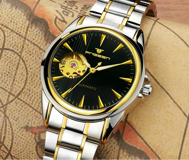 

FEGEEN Top Art Statue Automatic Analog Gold Luxury Cool Men Watch Steel Leather Strap Hollow Out Waterproof Luminous Male Clock