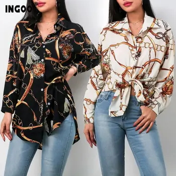 

INGOO Casual Vintage Print Long Sleeve Women Shirts Blouse Fashion Elegant Button Single Breasted Button Loose Ladies Shirts