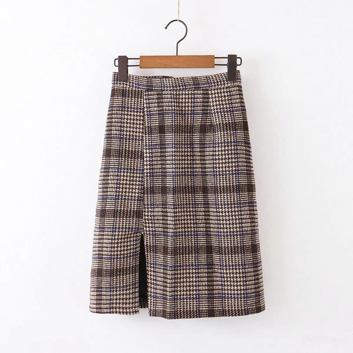 

2019 Autumn & Winter New Style High-waisted Pattern Slit Sheath Woolen Skirt Base Midi-skirt