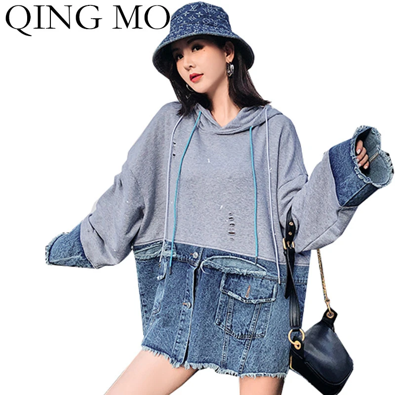 QING MO Осенняя Женская толстовка с капюшоном женская джинсовая Лоскутная Толстовка С Карманами женский топ с рукавами летучая мышь ZQY1989