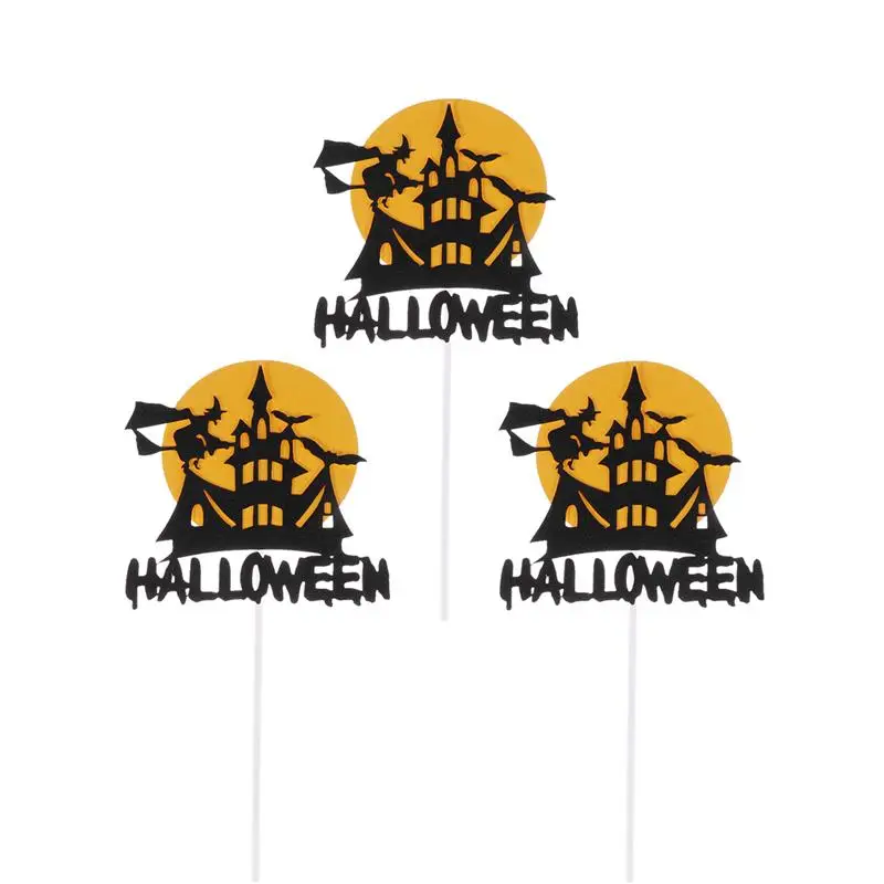 

3pcs Halloween Cake Toppers Two-color Castle Cartoon Fruit Topper Dessert Topper Insert Decor for Halloween Party