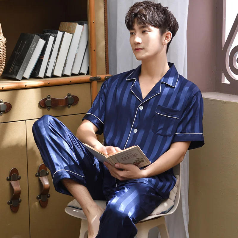 Summer Satin Silk Pajamas Set For Men Stripe Short Sleeve Pijama Thin Man Sleepwear Nightwear Imitation Silk Pyjama Homme Pj Set