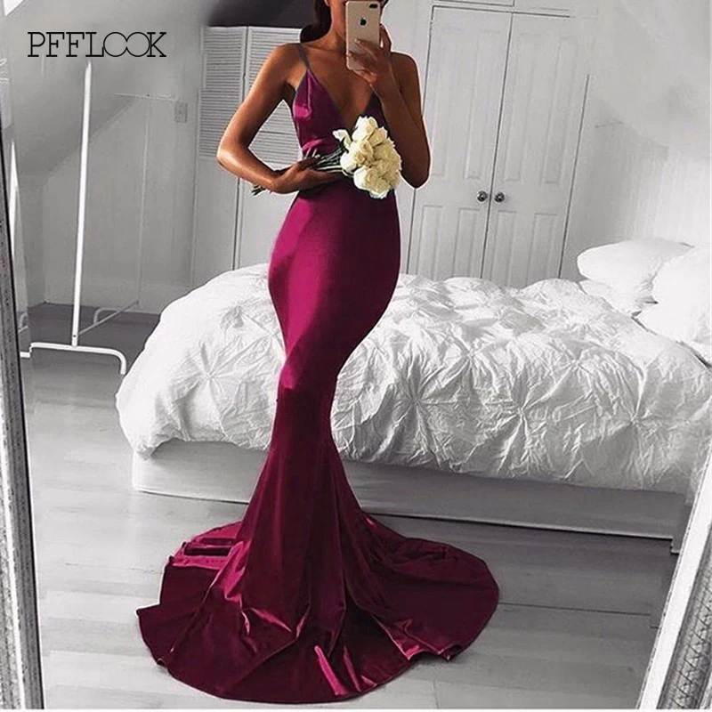 PFFLOOK летнее элегантное женское вечернее платье без бретелек, сексуальное длинное платье макси, красное сатиновое платье с открытой спиной, вечернее облегающее платье