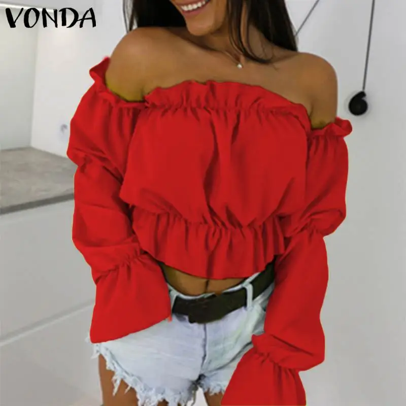 VONDA, сексуальные вечерние рубашки с открытыми плечами, Повседневная свободная туника с рукавом-бабочкой, пляжные богемные блузы, Короткие топы, блузки для беременных, 5XL
