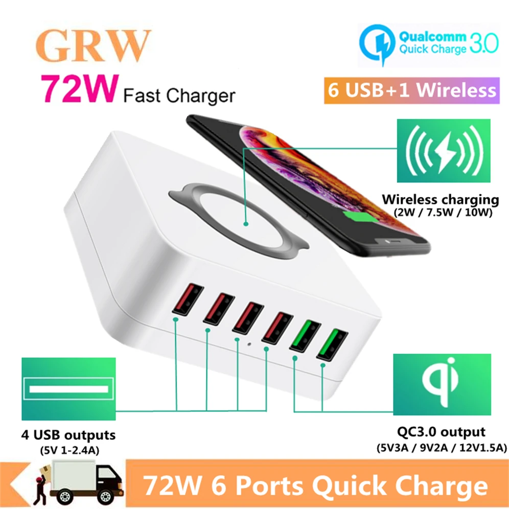 

Grwibeou 72W USB Socket Charger Station 10W Wireless Dual QC3.0 Fast Charging Adapter 6-Port USB Charger For iPhone Xs 11 Xiaomi