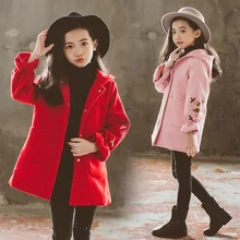 

New Autumn Winter Girls Woolen Coat Pink Red Flower Long Sleeves Hooded Long Jacket for Baby Girl Parkas 110cm-160cm