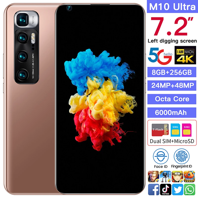 New M10 Ultra Smartphones 8GB RAM 256GB ROM 7.2Inch Andriod10 Wifi 10 Core MTK6889 Dual SIM 4G LTE 5G 6000mAh Cell Phones GPS