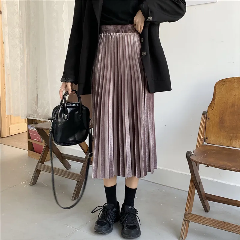 like the picture Hirsionsan, золотые бархатные плиссированные юбки для женщин, весна, новая корейская мода, однотонная трапециевидная юбка для девушек, шикарная элегантная юбка миди - Цвет: like the picture