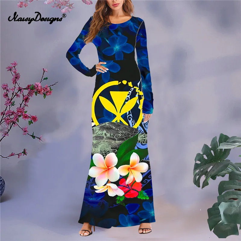 

Noisydesigns Hawaiian Hibiscus Floral Prints Women's Dress Bodycon Autumn Elastic Long Sleeves Boho Vestido De Fiesta Winter 4XL