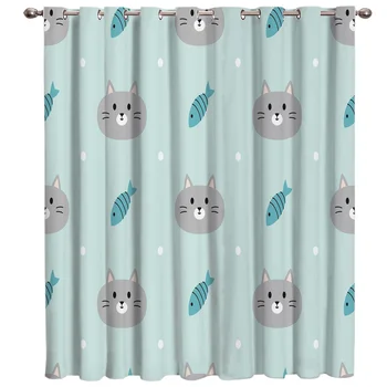 

Kitten Fish Dot Gray Blue Cute Illustrations Window Curtains Living Room Curtain Rod Kitchen Drapes Fabric Indoor