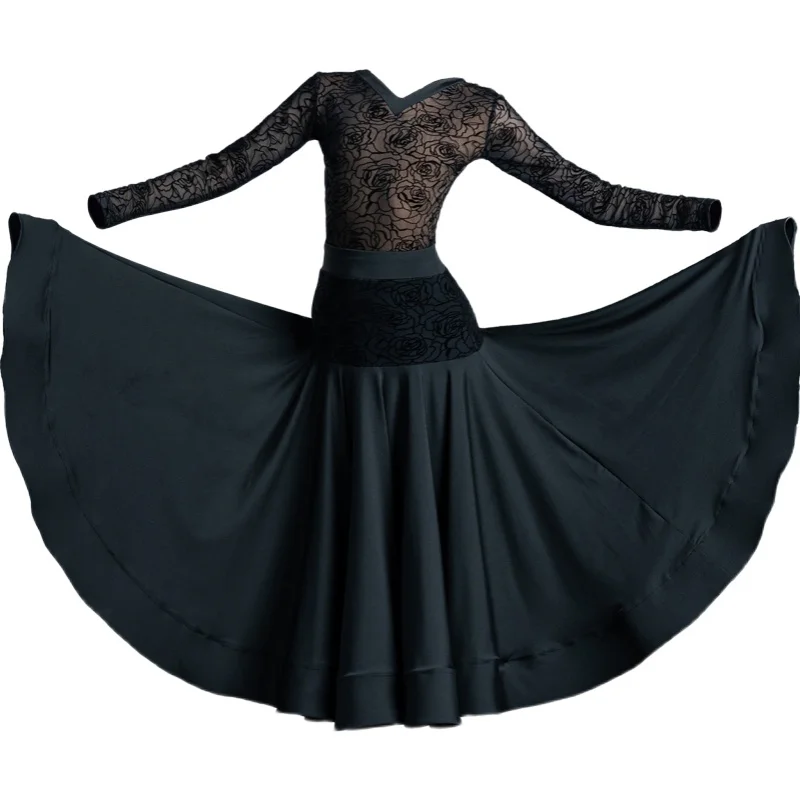 Standard Waltz Dancing Clothing Ballroom Performance Costume Suit Long Sleeve Lace Leotard Stitching Skirt Practice Wear VDB5659