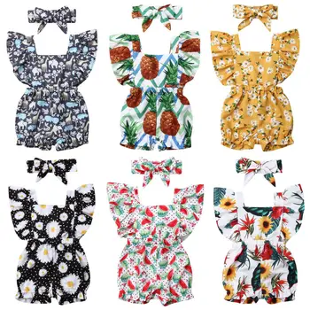 

2pcs Summer Newborn Toddler Baby Girls Clothes Ruffle Print Romper Headband Jumpsuit Outfits Sunsuit 0-24M