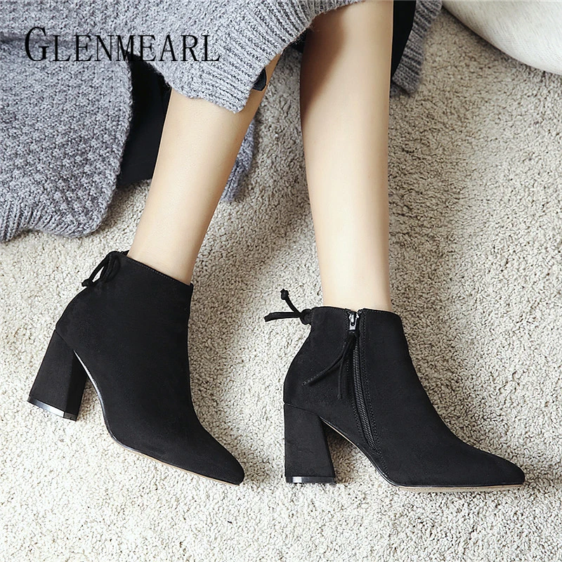 

Ankle Boots Women Winter Boots Female Thick High Heel Women Zipper Pointed Toe Butterfly Knot Female Shoes Autumn New DE