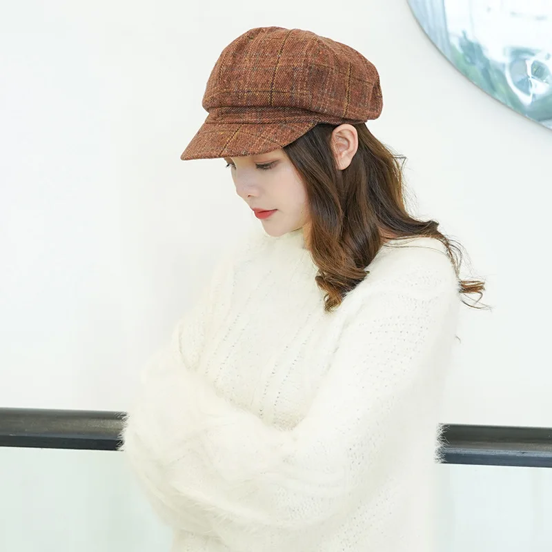

Retro Art Octagonal Hat for Women Autumn Winter Casual Plaid Artist British Style Berets Woolen Woman Hats peaky blinders cap