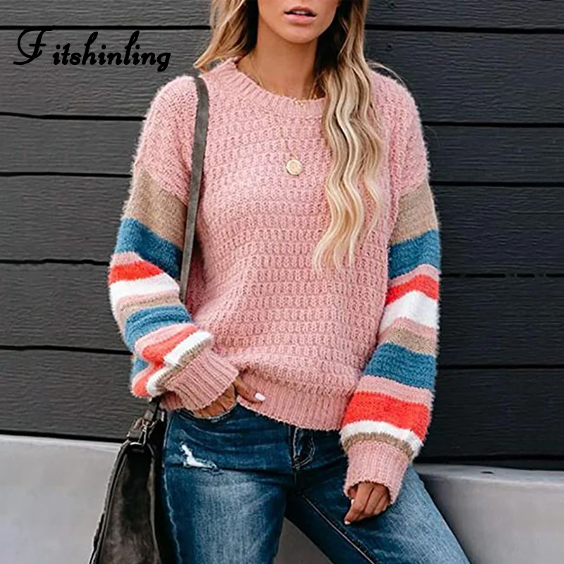 Fitshinling Rainbow Striped Women's Sweater Knitwear 2021 Autumn Winter Pullover Woman Clothes Holiday Jumper Boho Pink Sweaters | Женская