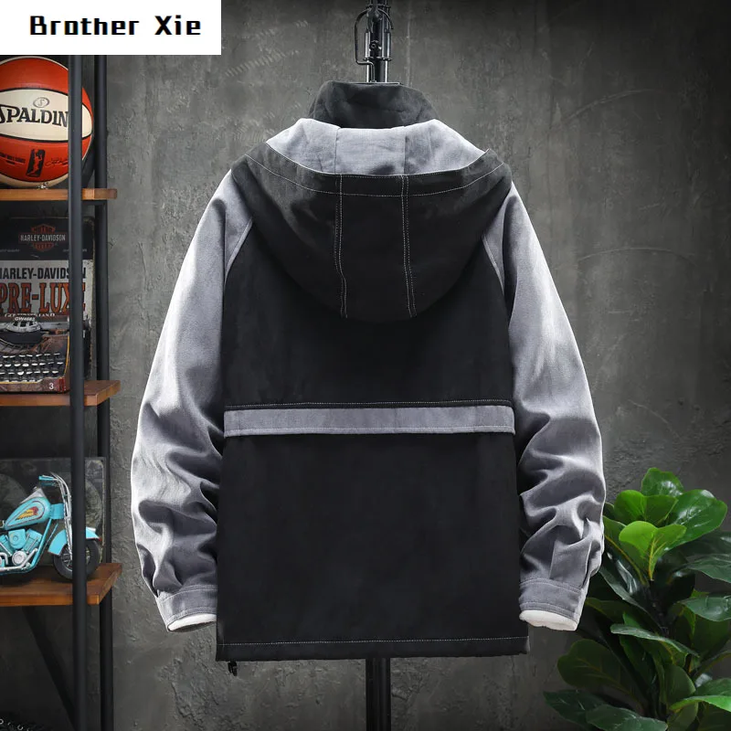 

Pullover Jacket Men Fashion Contrast Color Casual Hooded Jacket Man Streetwear Hip Hop Loose Bomber Jacket Large Size M-5XL