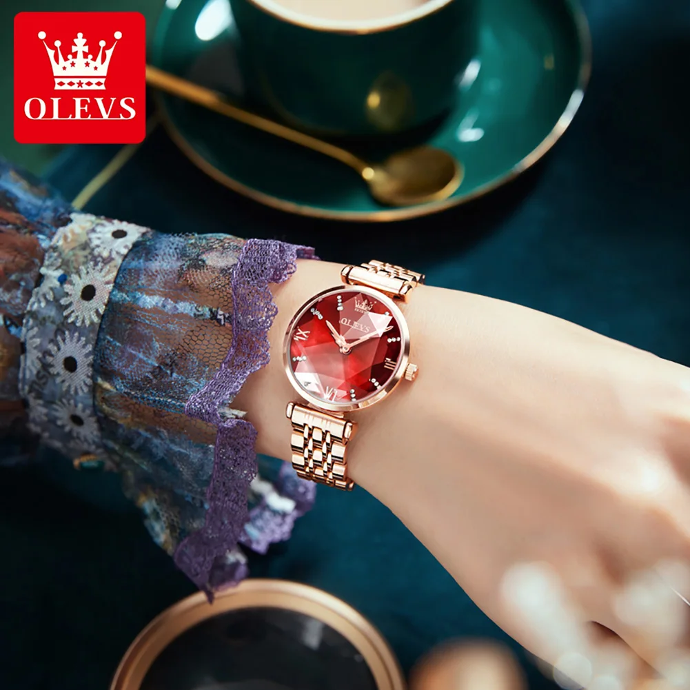 

OLEVS Brand Women Watches Fashion Ladies Quartz Watch Bracelet Set Wine Red Dial Simple Rose Gold Steel Luxury Women Watches