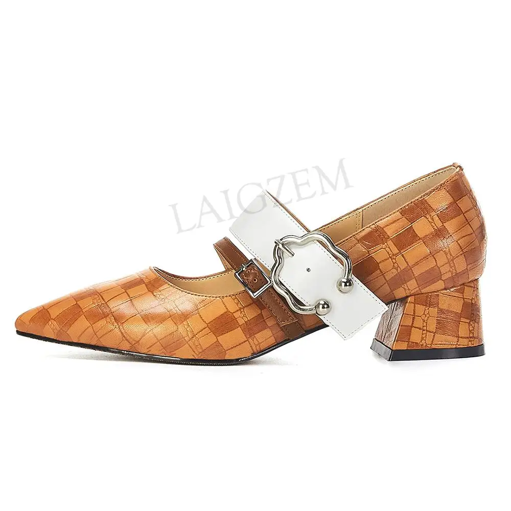 

LAIGZEM Genuine LEATHER Women Heels 2020 Mary Jane Chunky Mid Heels Sandals Shoes Woman Buckle Strap Large Size 34 43
