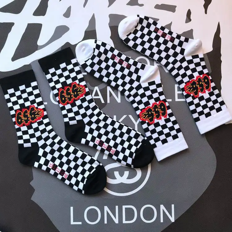 Adult Size Mid Calf Crew Socks Orange Fire 666 Three Six Flame Check Chequered International Chess Black White Lattice Creative |