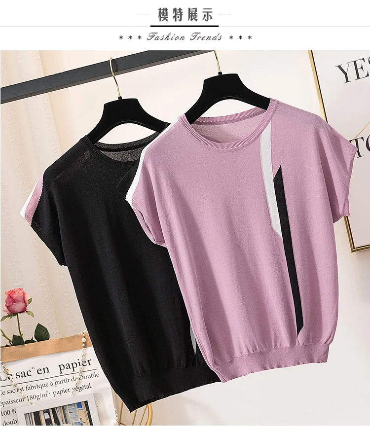 Large Size Dress Korean-style Half Sleeve Irregular Pattern Crew Neck Viscose Sweater Fat Mm Loose-Fit T-shirt