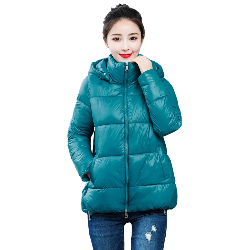 

2019 Women's Winter Jacket Hooded With Stand-Up Collar Female Shining Fabric Parka Loose Autumn Cotton Coat Padded