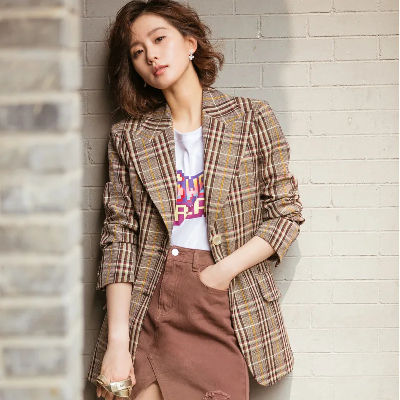 

Suit Autumn Plaid Small Suit Thousands Birds Extra Retro Women Suit 2019 Notched Single Breasted Plaid Women Jackets and Coats