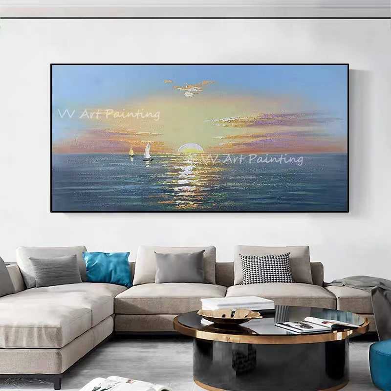 

100% ручная роспись, рассвет океана, высокое качество, абстрактная плотная текстура, картина маслом, абстрактная Красочная картина для декора гостиной
