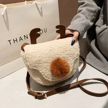

Cute Women Handbag Plush Shoulder Bag Crossbody Bag for Women 2021 New Fashion Lambswool Saddlebag for Girls Ladies Reindeer Elk