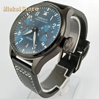 

Corgeut 42mm mens top wristwatch blue dial black PVD case leather strap Seagull power reserve movement automatic mens watch