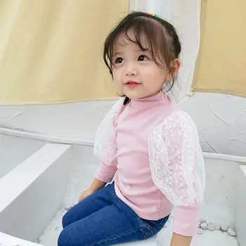 

1-7T Baby Girl Clothes Children Spring Cute Spring Mesh Dot Print Wear High Collar Long Sleeved Cotton Casual T-Shirt