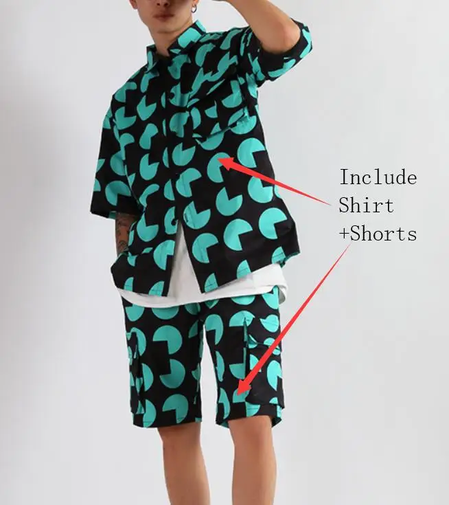 2 Pieces Set Geometry Pattern Loose Shirts Short Sleeve Summer Men' Set Singer Dancer Hip Hop Stage 2 Pieces Set(Shirt+Shorts) Casual Outfit - Цвет: 2 Pieces Set