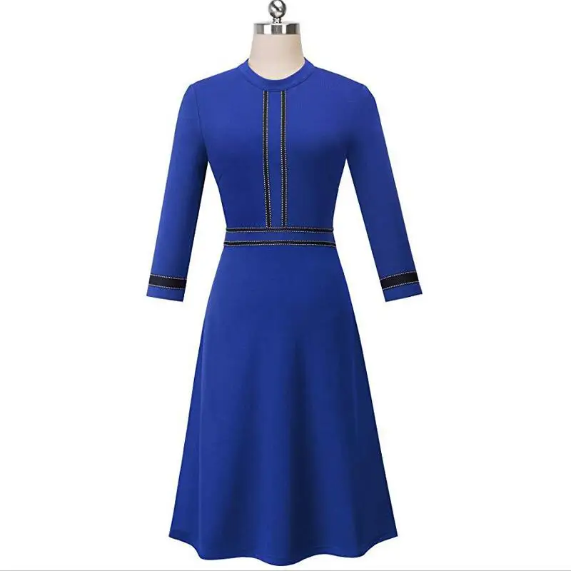 Винтажное элегантное лоскутное женское платье с круглым вырезом Pinup vestidos, деловые вечерние женские платья трапециевидной формы в стиле ретро - Цвет: Blue