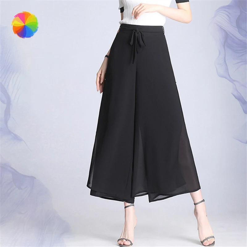 

Women Chiffon Slit Nine Wide Leg Pants Summer High Waist Casual Loose Culottes Bohemia Skirt Pants