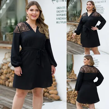 

Women's Plus Size XL-4XL Sexy Solid Color Sashes Lace Stitching Ruffled Sleeve Mini Dress A-Line Dress Free Ship платье Z4