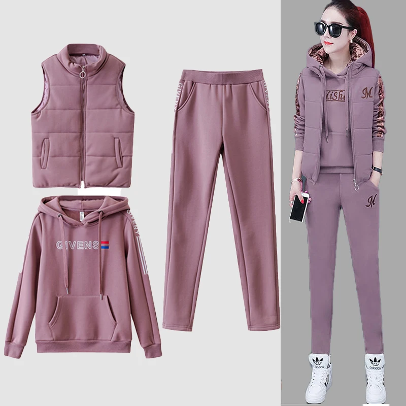Women's 3 Piece Set Tracksuit Autumn Winter Sport Suit Hoodies+Vest+Pants Casual Velvet Warm Sporting Women Outwear |