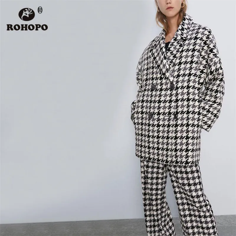 

ROHOPO Notched Collar Double Breast Buttons Tweed Straight Oversize Houndstooth Jacket Female Autumn Thick Plaid Coat #9029