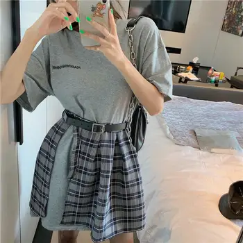 

Mid-length O-neck Short Sleeve T-shirt skirt & high waist pleated skirt two-piece Suits Sets summer new skirt fashion suit women