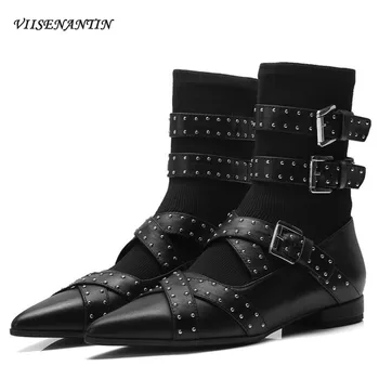 

Autumn Winter New Pointed Toe Rivet Belt Buckle Socks Short Boots Female Low-heel Punk Locomotive Boots Stretch Fashion Shoes