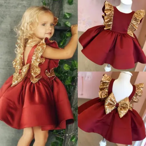 Рождественское платье для девочек кружевное платье с блестками и бантом, элегантное платье принцессы Детские платья для девочек; костюм; День рождения платье-1 шт. от 2 до 5 лет - Цвет: Red