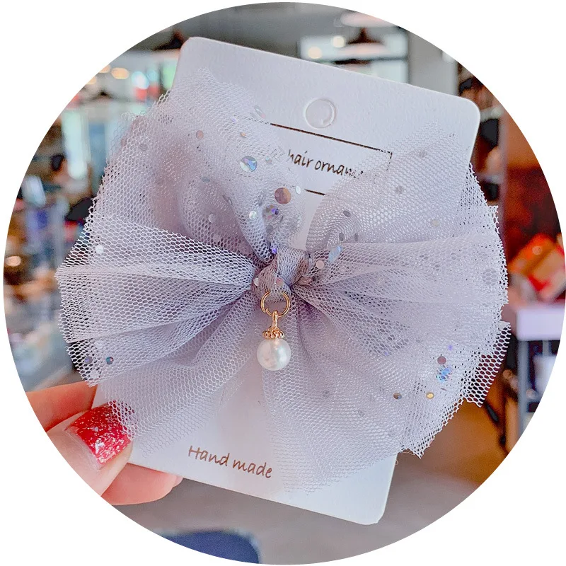 Boutique ins 20pcs Fashion Cute Glitter Mesh Bow Hairpins Pearl Gauze Bowknot Hair Clips Princess Headwear Hair Accessories