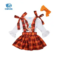 Одежда для маленьких девочек на День Благодарения, Турция Топы + юбка на подтяжках комплект из 3 предметов