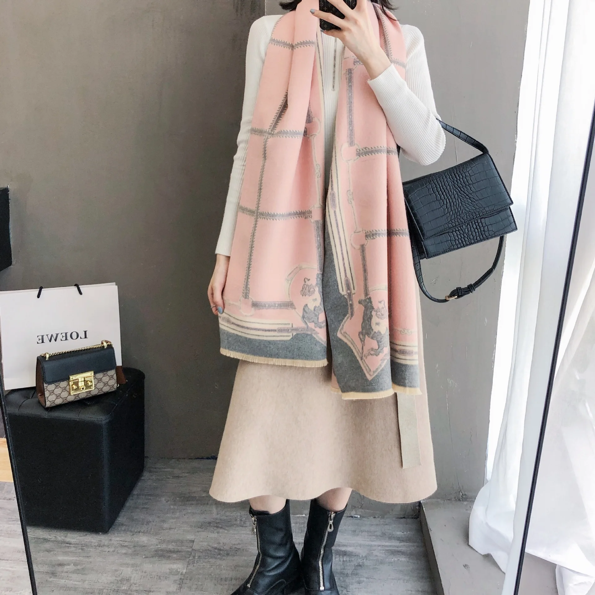 pink Бренд, зимний шарф, лошадь, кашемир, Пашмина, женские шарфы, теплая плотная шаль, хиджаб, пончо для женщин, шарфы, женские шарфы - Цвет: pink