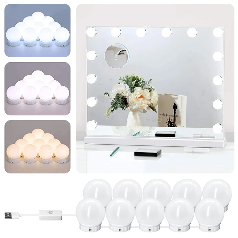 Espejo de mesa con luz LED para maquillaje profesional, espejo retroiluminado con USB, 3 colores, luces de tocador de Hollywood