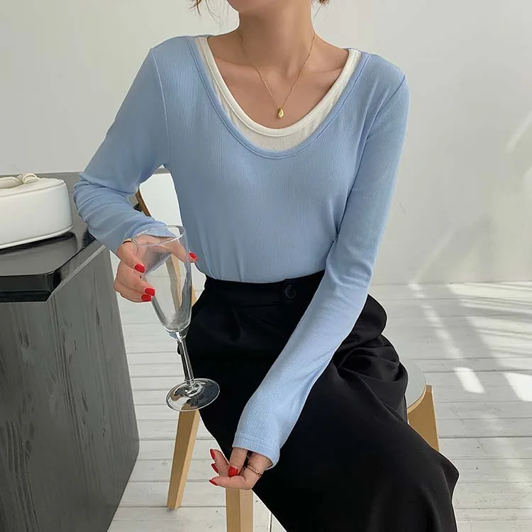 H0c19e0225c7f46b1a68d9728aae403e3b - Spring / Autumn O-Neck Long Sleeves Fake Two-Piece Loose T-Shirt